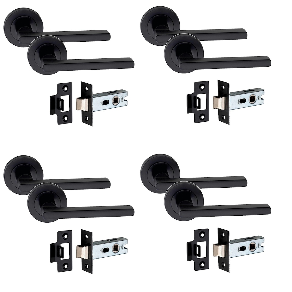 image 1 of Golden Grace 4 Pairs Leon Design Door Handles on Round Rose in Matt Black Finish with 2.5" Tubular Latch - 52mm Diameter Black