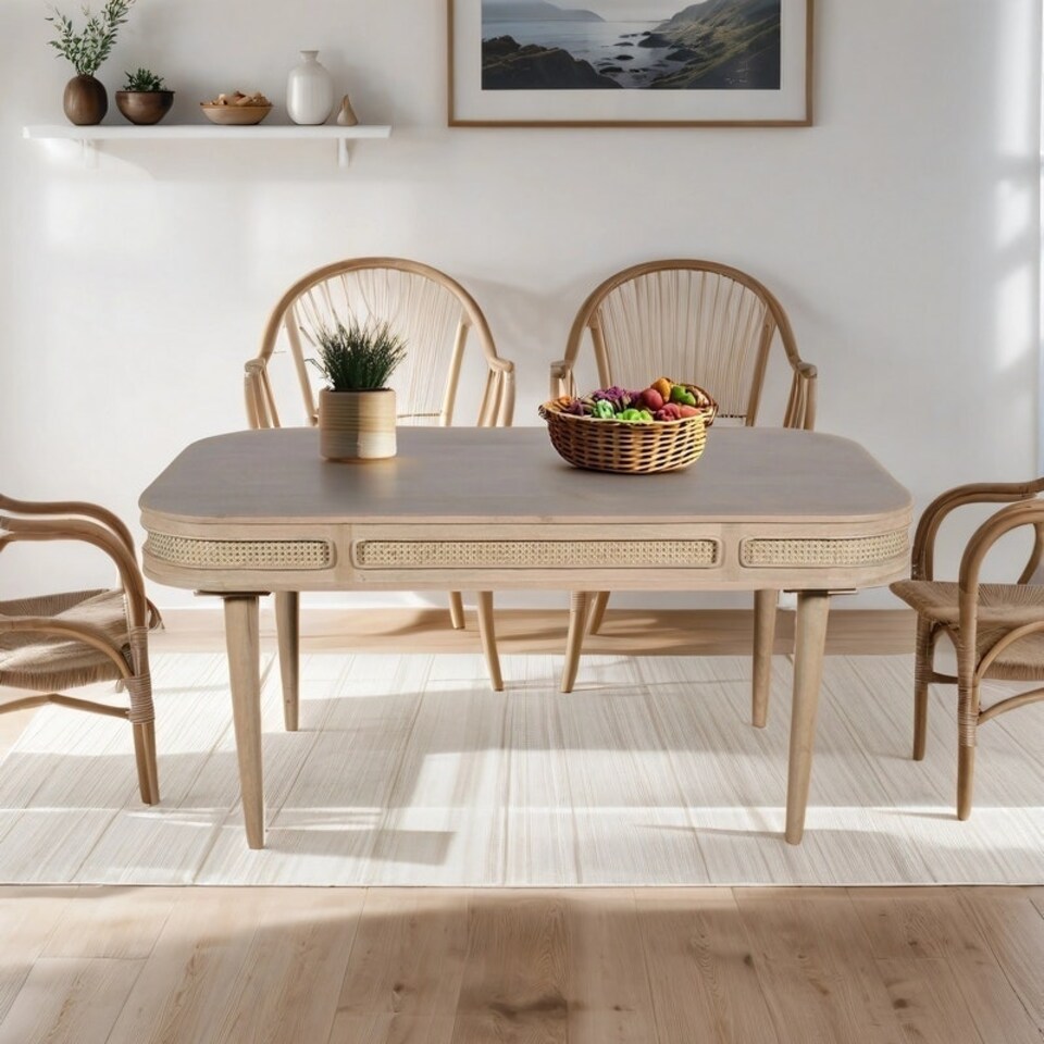 image 1 of Valencia 6 Seater Dining Table - Cane & Mango Wood - L90 x W165 x H78 cm | Multi