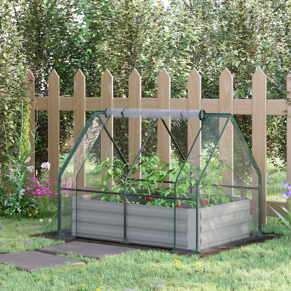 image 1 of Outsunny Raised Garden Bed Planter Box with Greenhouse, Large Window, Clear