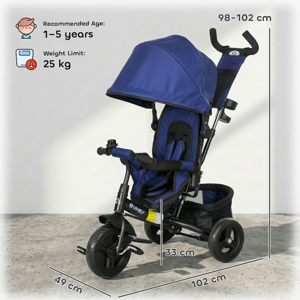 image 1 of HOMCOM 6 in 1 Kids Trike, Stroller with Parent Handle, Blue