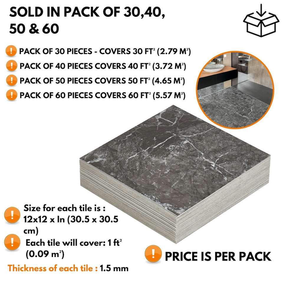 image 1 of NOVECRAFTO Self Adhesive Vinyl Floor Tiles - 12x12 in (30.5x30.5cm) - Waterproof 1.5mm Thick Peel & Stick Flooring - Luxe Marble Effect for Kitchen | Black | 4.65 sqm