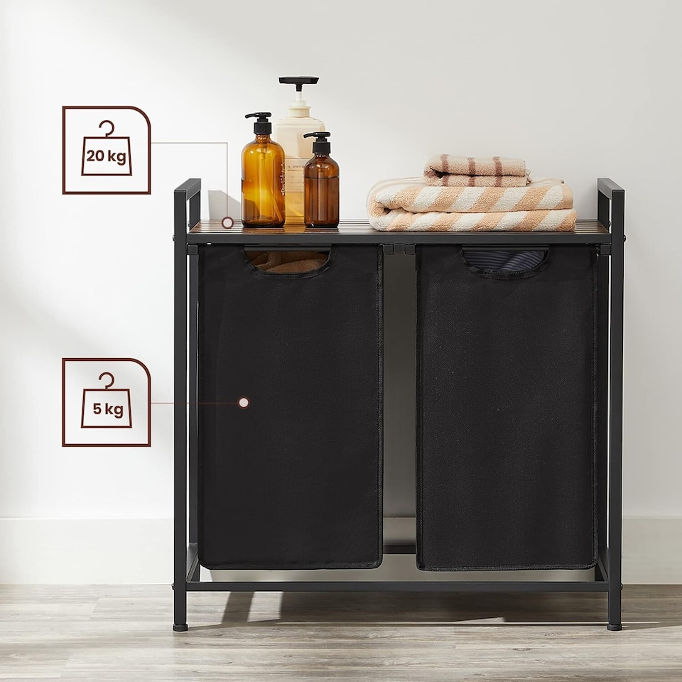 image 1 of Laundry Sorter with 2 Removable Liner Bags, Pull-Out Hampers and Storage Shelf, Rustic Brown and Ink Black