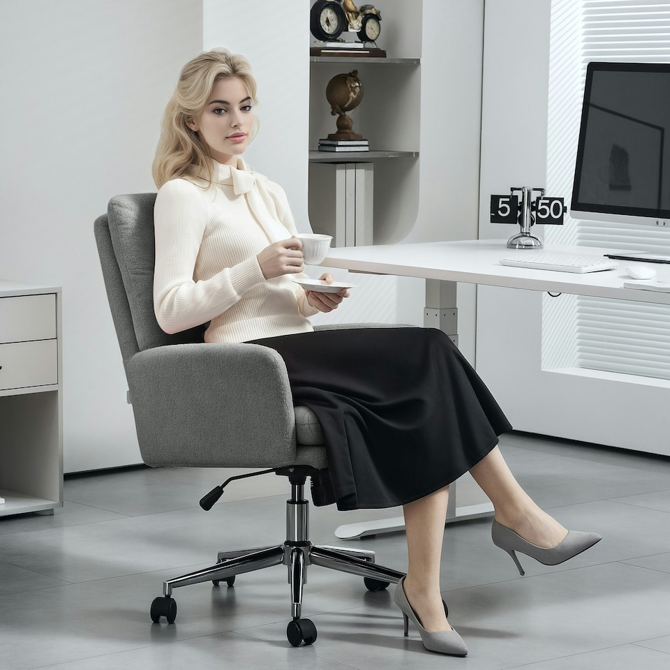 image 1 of HOMCOM Upholstered Desk Chair with Height Adjustable, Grey