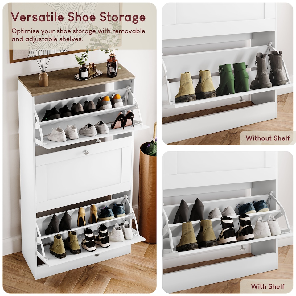 image 1 of Vida Designs 3 Drawer Shoe Cabinet Hallway Home Entrance Storage Unit, White & Oak