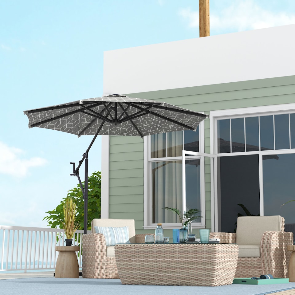 image 1 of Outsunny 3m Convertible Cantilever Parasol and Centrepost Garden Parasol with Cross Base, 360 Rotation Banana Parasol with Crank Handle and 8 Ribs, Hanging Patio Umbrella, Black and White