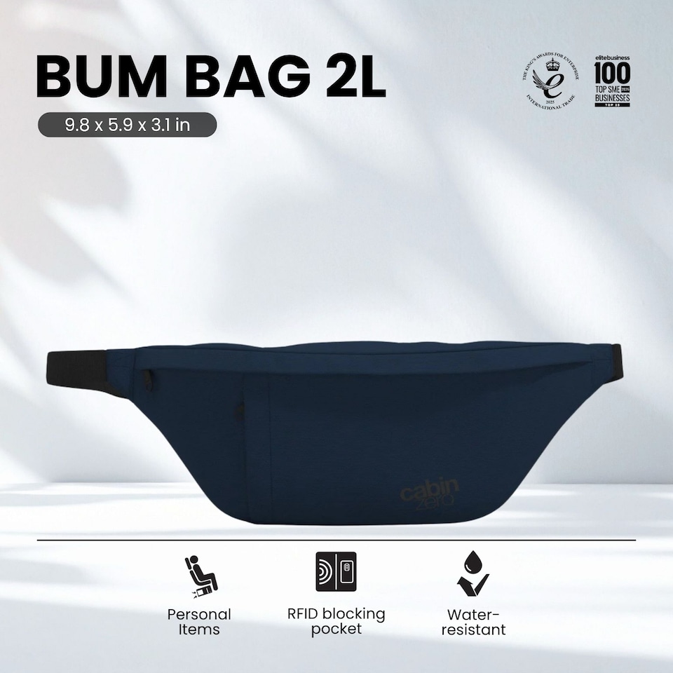 image 1 of CabinZero Bum Bag 2L, Anti-Theft RFID Blocking Travel Hip Pack | Blue | Navy