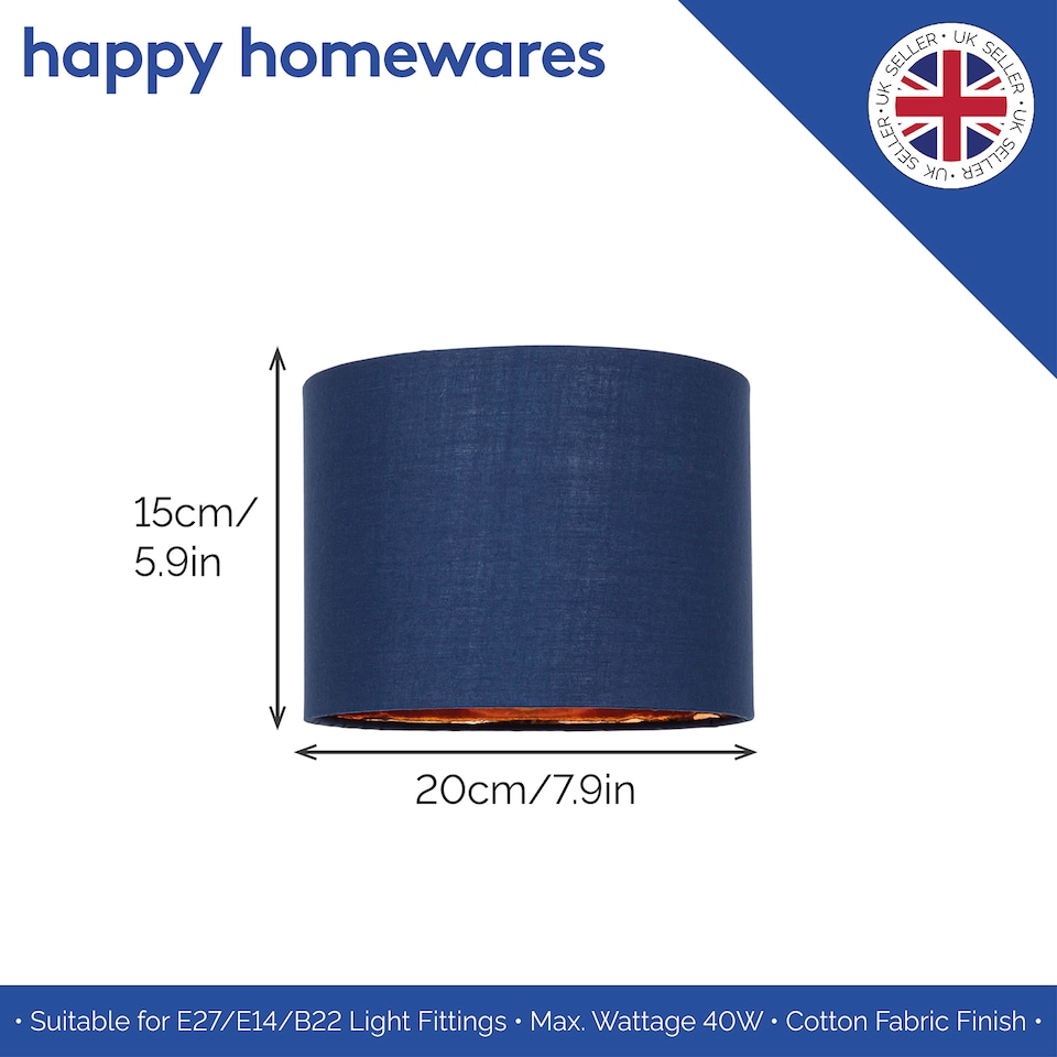 image 1 of Modern Navy Blue Cotton Fabric Small 8 Inch Lamp Shade with Shiny Copper Inner | Blue