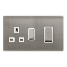 SE HOME Stainless Steel Screwless Plate Cooker Control Ingot 45A With 13A Switched Plug Socket - White Trim - SE Home White | Stainless Steel