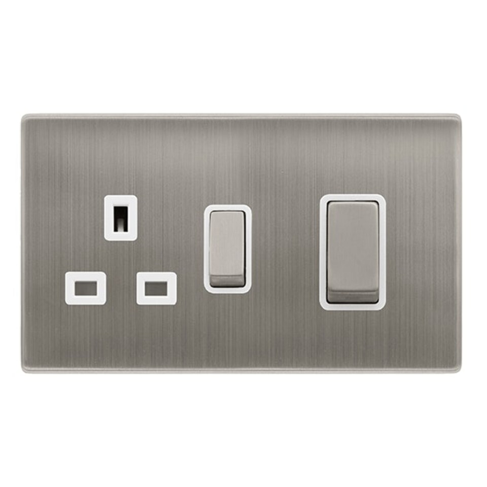 SE HOME Stainless Steel Screwless Plate Cooker Control Ingot 45A With 13A Switched Plug Socket - White Trim - SE Home White | Stainless Steel