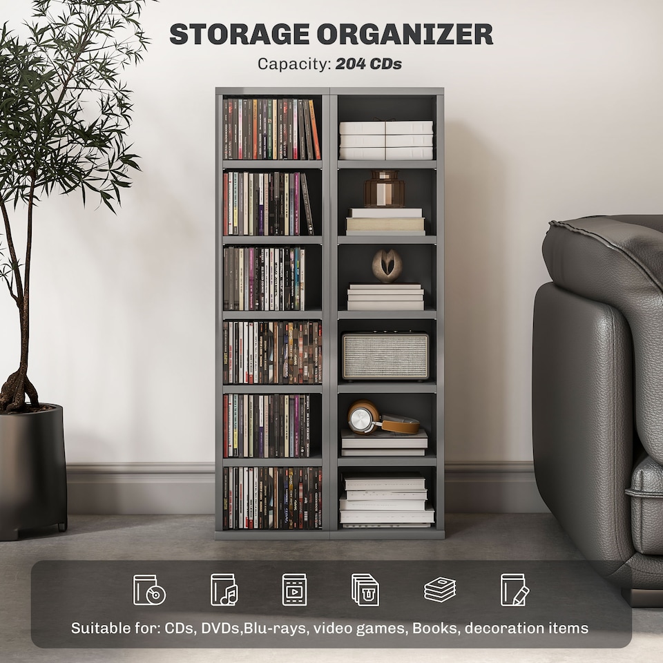 image 1 of HOMCOM Set of 2 CD Storage Units DVD Shelf with Adjustable Shelves | Grey | High Gloss Grey | 21W x 22.5D x 88.5H cm
