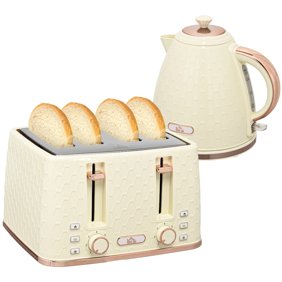 image 1 of HOMCOM Kettle and Toaster Set, 1.7L 3000W Fast Boil Jug Kettle with Auto Shut Off, 4 Slice Toaster with 7 Level Browning Controls & Crumb Tray, UK Otter Thermostat, Beige