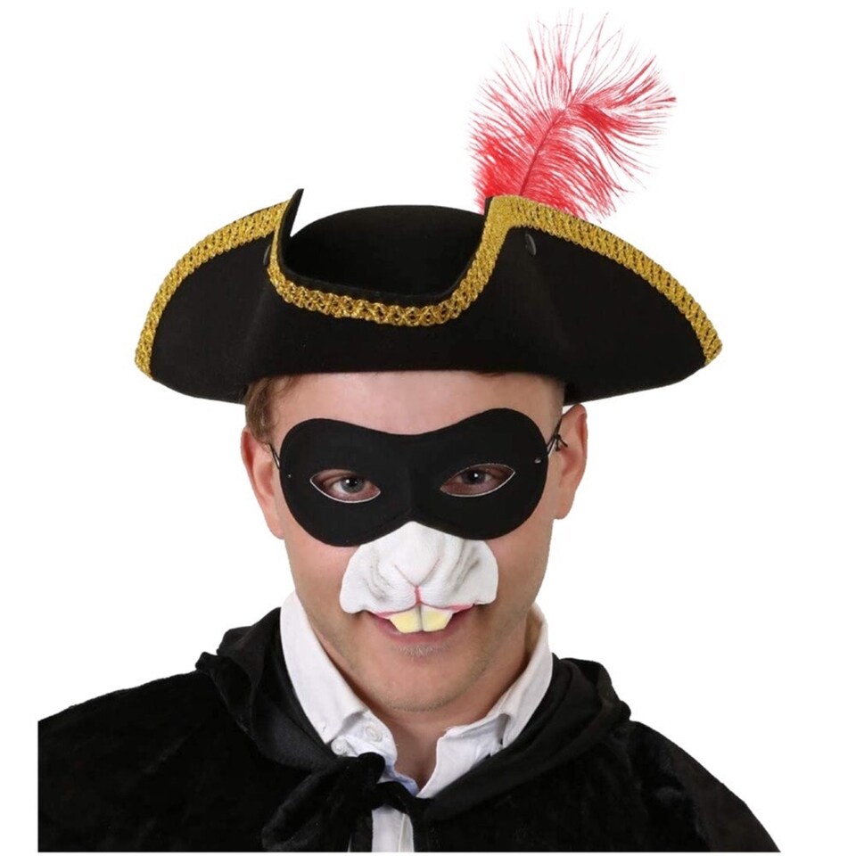 image 1 of Highway Man Costume - Gold Trim Feather Tricorn Hat, Nose & Mask Black | One Size