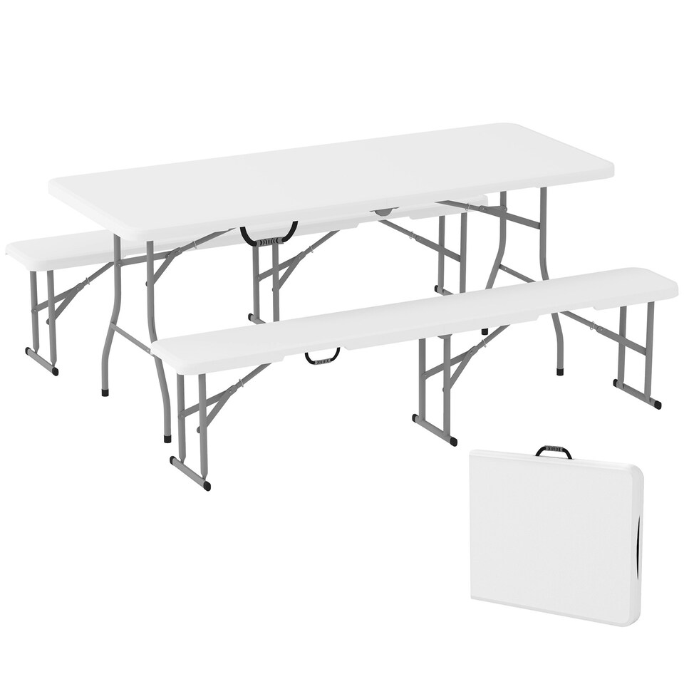 image 1 of Outsunny 3 Piece Folding Picnic Table and Bench Set with Handles, White