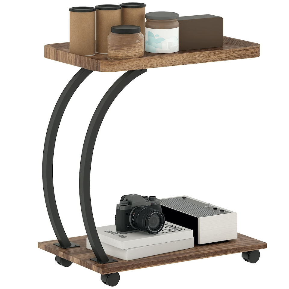 image 1 of HOMCOM C Shaped Side Table with Storage & Wheels for Living Room, Brown Brown