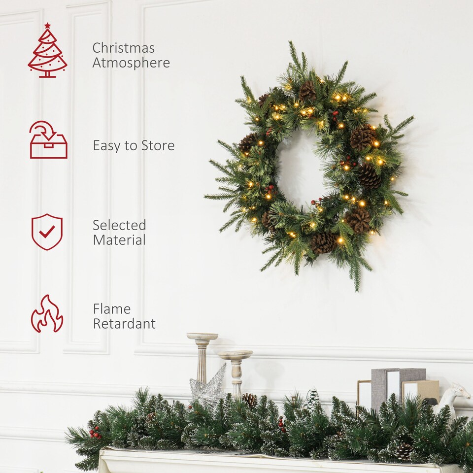 image 1 of HOMCOM 60cm Christmas Wreath with LED Lights Pine Cones Red Berries Green