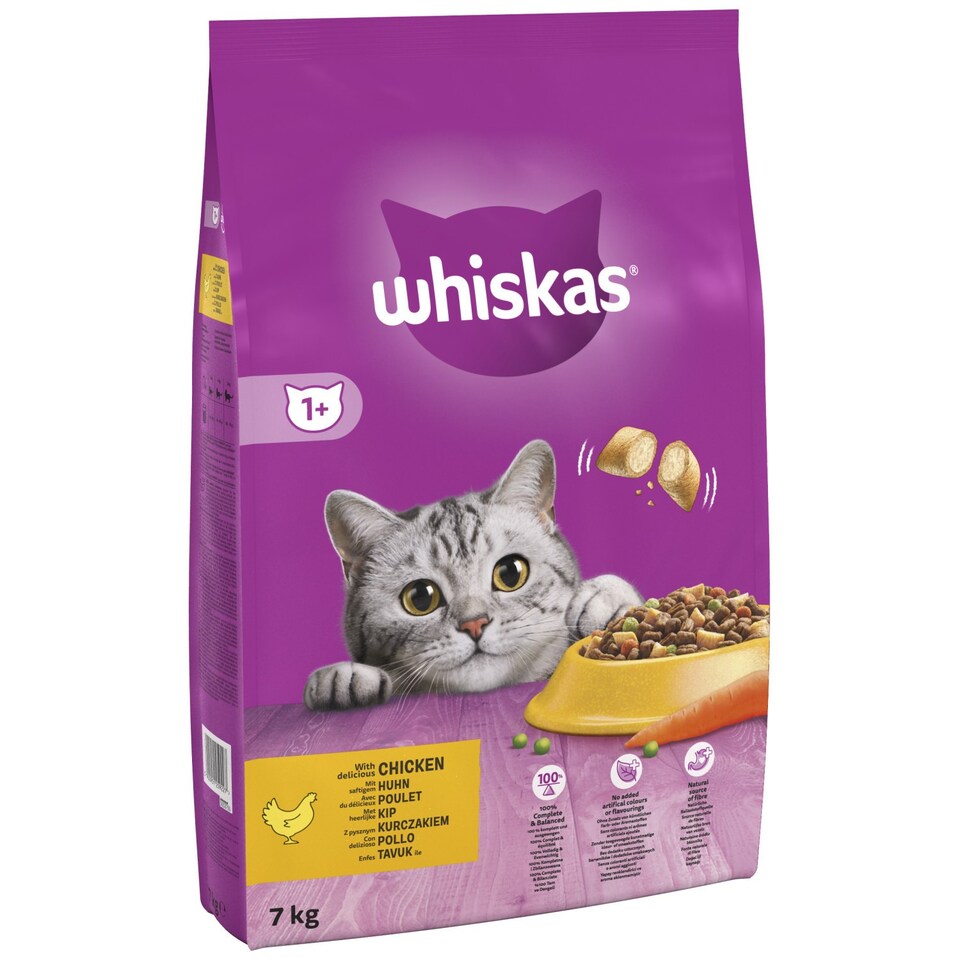 image 1 of 7kg Whiskas 1+ Adult Complete Dry Cat Food Chicken Bulk Pack Cat Biscuits
