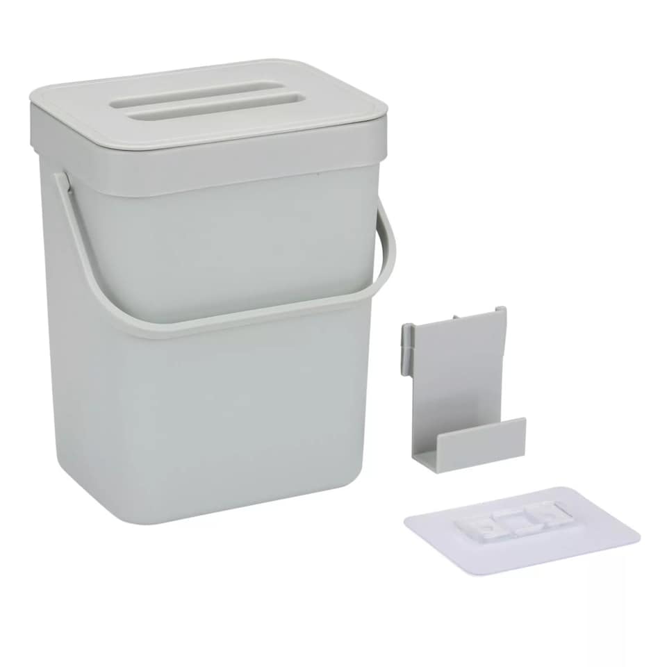 image 1 of 3L Wall Mounted Hanging Recycling Waste Bin Kitchen Cabinet Door with Handle & Lid | Grey | Grey