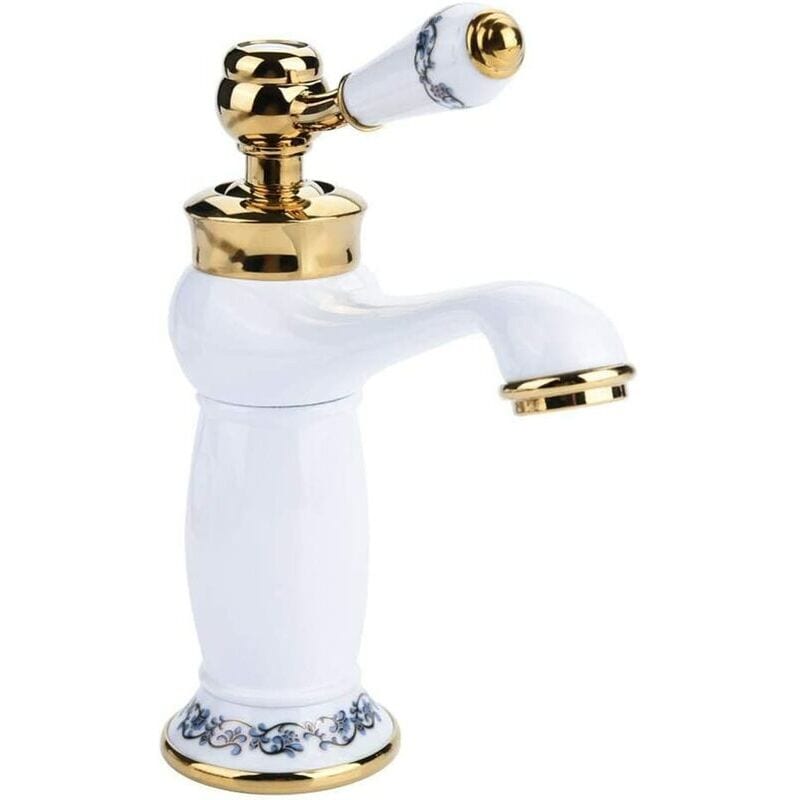 Retro single handle basin faucet, brass ceramic basin mixer tap, blue and white porcelain, long neck, vintage floral with inlet,