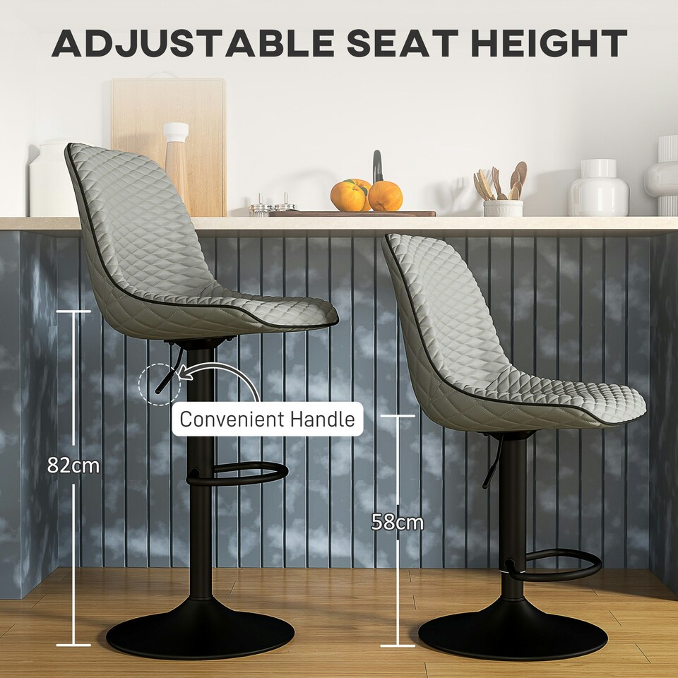 image 1 of HOMCOM Set of 2 Bar Stools, Adjustable Swivel Breakfast Barstools, Grey 