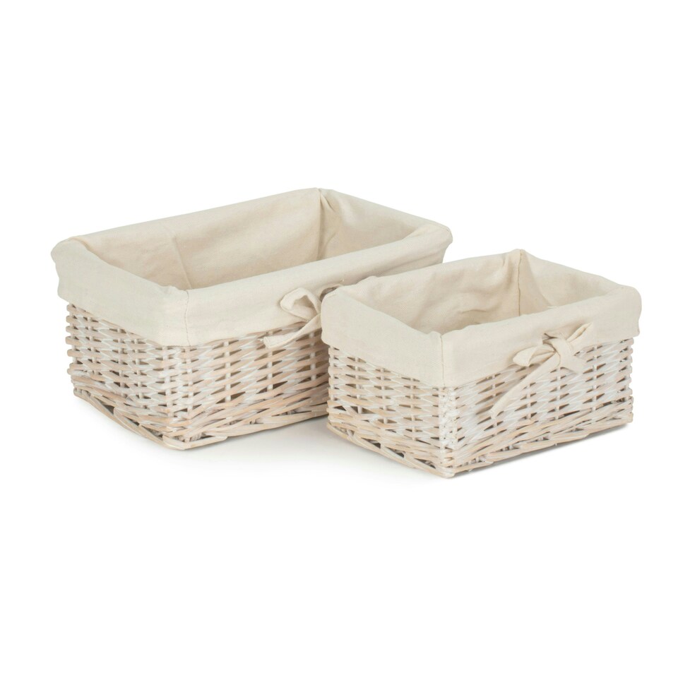image 1 of Set of 2 White Wash Finish Cotton Lined Willow Tray White