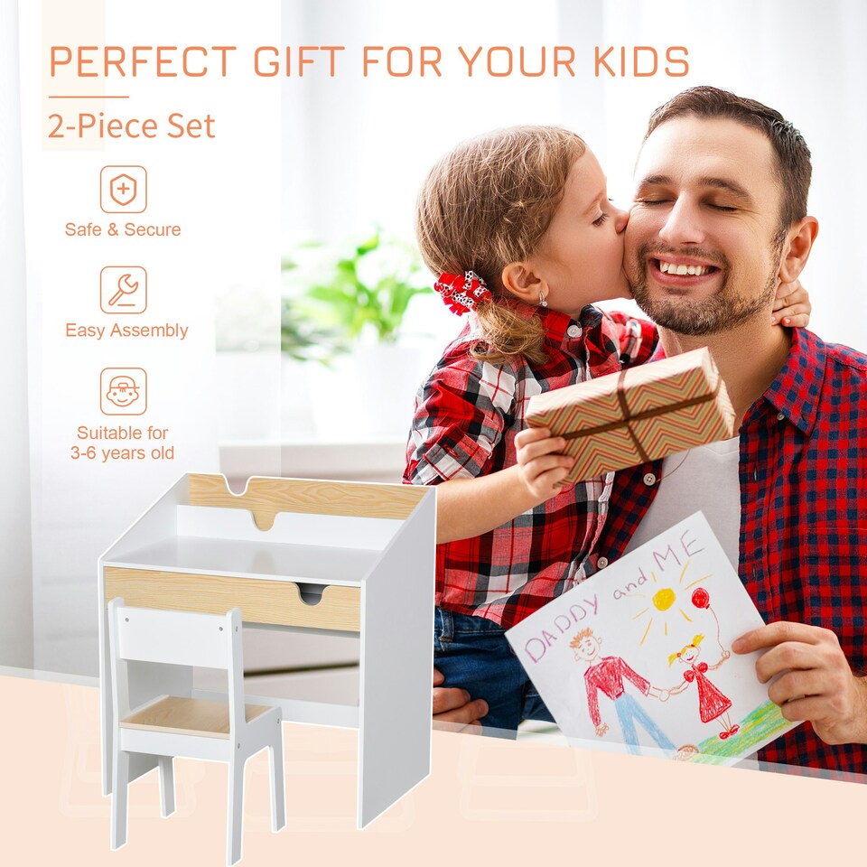 image 1 of HOMCOM Two-Piece Kids Desk and Chair Set Children Study Table w/ Storage White