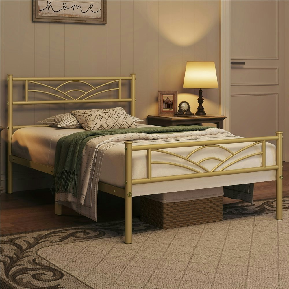 Yaheetech Metal Platform Bed Frame with Cloud-inspired Design Headboard Antique Gold, 3ft Single