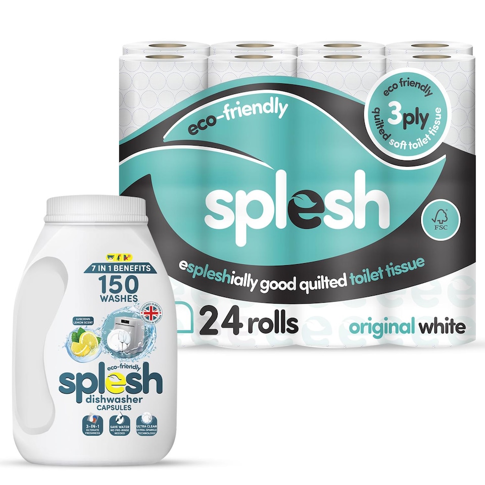 image 1 of Splesh Toilet Paper Original White 3-Ply 24 Rolls with 3in1 Dishwasher Tablets 150W