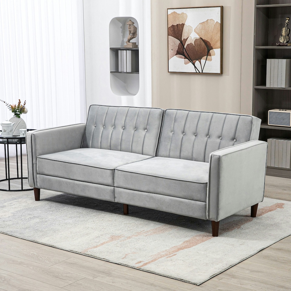 image 1 of HOMCOM Convertible Sofa Futon Velvet-Touch Tufted Couch Sofa Bed Grey