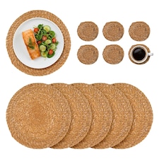 Argon Tableware 12pc Round Placemats & Coasters Set - Woven Typha Kitchen Dining Table Mats Drinks Coaster Protector Mats | Brown | Brown | One Size | 12