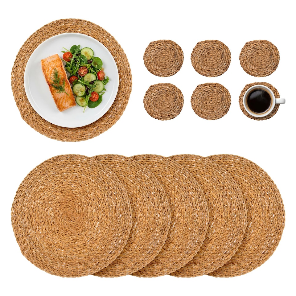 image 1 of Argon Tableware 12pc Round Placemats & Coasters Set - Woven Typha Kitchen Dining Table Mats Drinks Coaster Protector Mats | Brown | Brown | One Size | 12