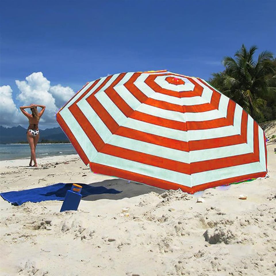 image 1 of The Magic Toy Shop Beach Parasol Red Striped Tilting Height Adjustable Portable Sun Shade