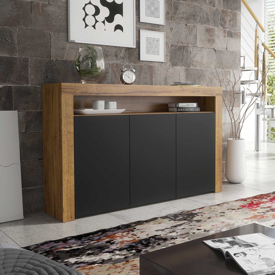 image 1 of Sideboard TV Unit TV Stand Oak Black Storage Cabinet Media Console Cupboard 155cm