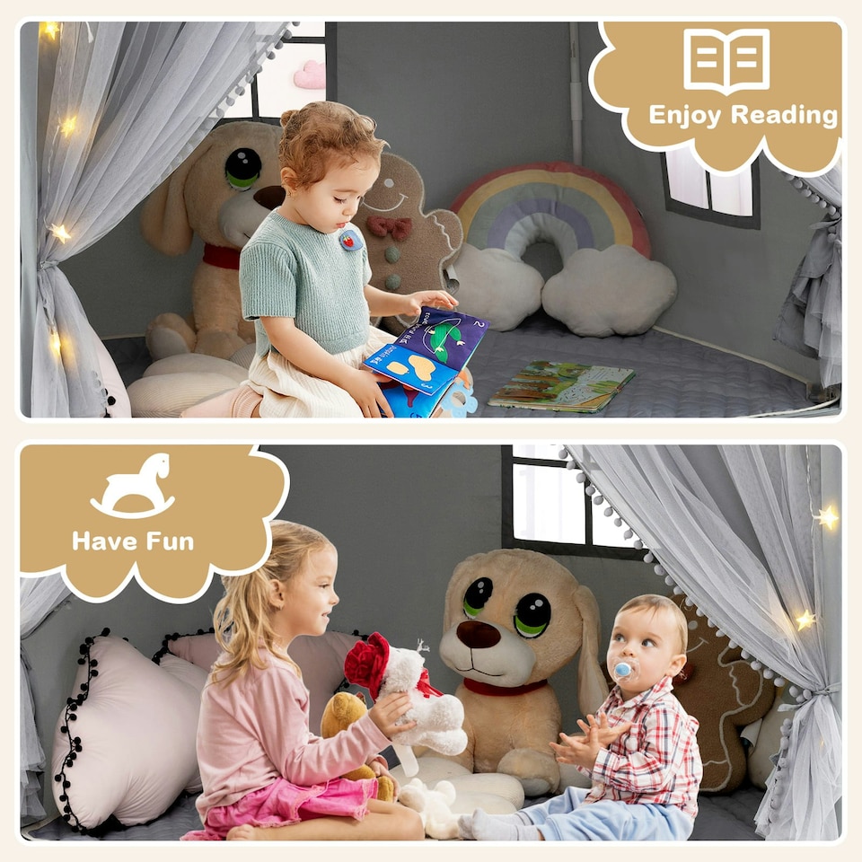 image 1 of COSTWAY Kids Play Tent 3-4 Kids Large Play Tent House Grey Grey