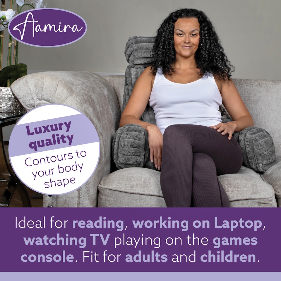 image 1 of Aamira Reading Pillow Grey Faux Fur Ribbed Memory Foam Support Cushion | Grey | Grey | Standard | 1