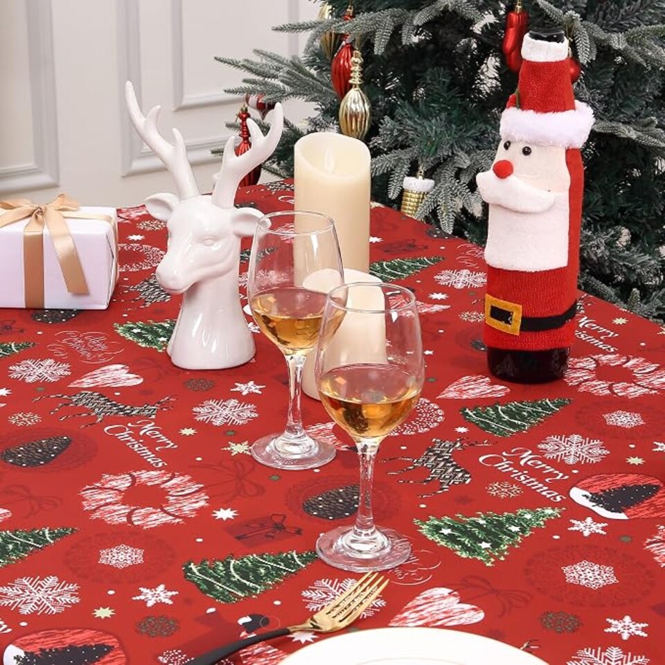 image 1 of London Boutique Red Christmas Tablecloth, Waterproof Polyester Table Cover with Reindeer Wreath Xmas Tree Print