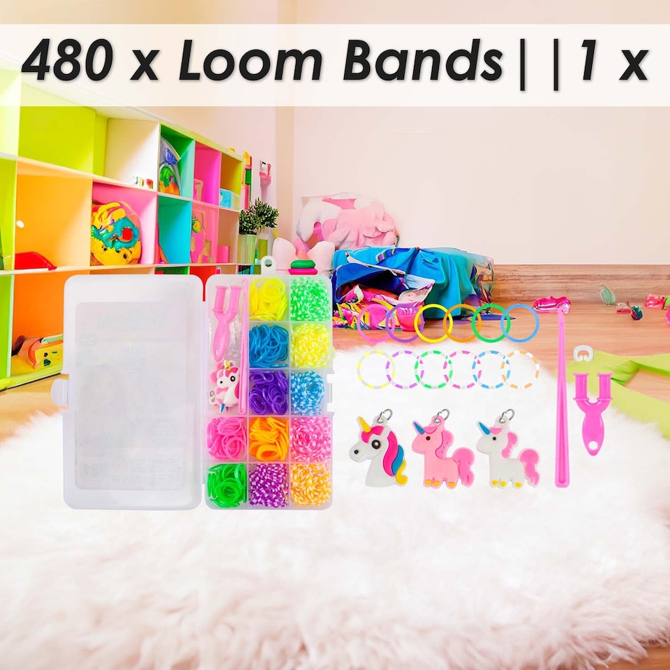 image 1 of PMS Loom Bands 480-Piece Set - Multi Colour with Charms, Tools & Clear Storage Box