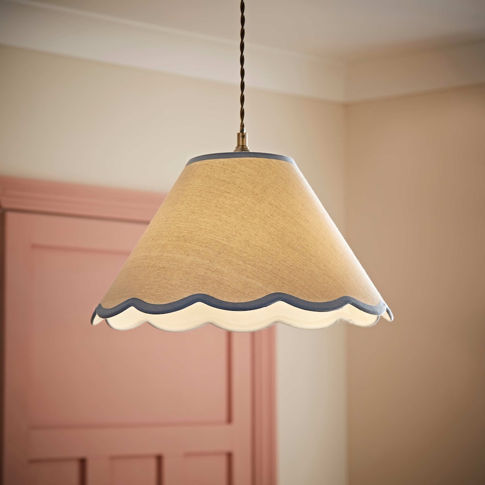 image 1 of ValueLights Florie Natural Large Taper Lamp Shade Scallop Blue Trim & Bulb | Blue