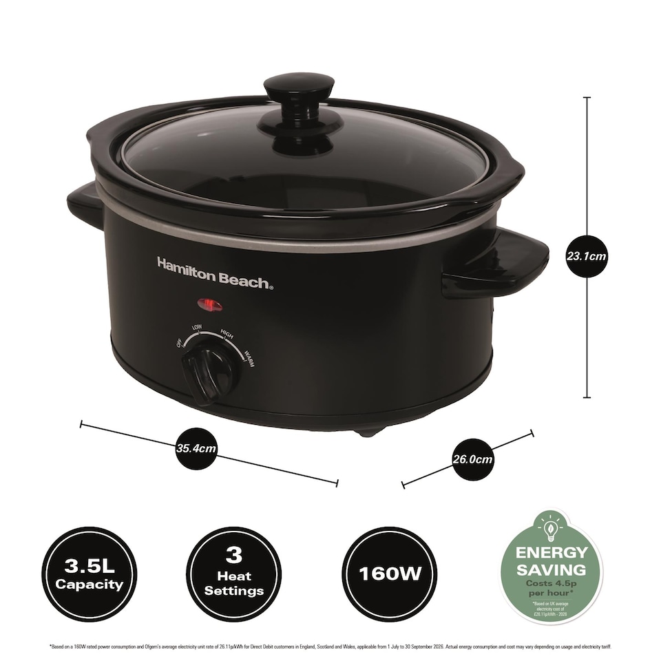 image 1 of Hamilton Beach Slow Cooker, 3.5 Litres, Comfort Cook, 160W, Energy-Efficient, Removable Oven-Safe Ceramic Bowl, 3 Heat Settings, Serves 2-4 People, Easy Clean, Black - HBSC040B