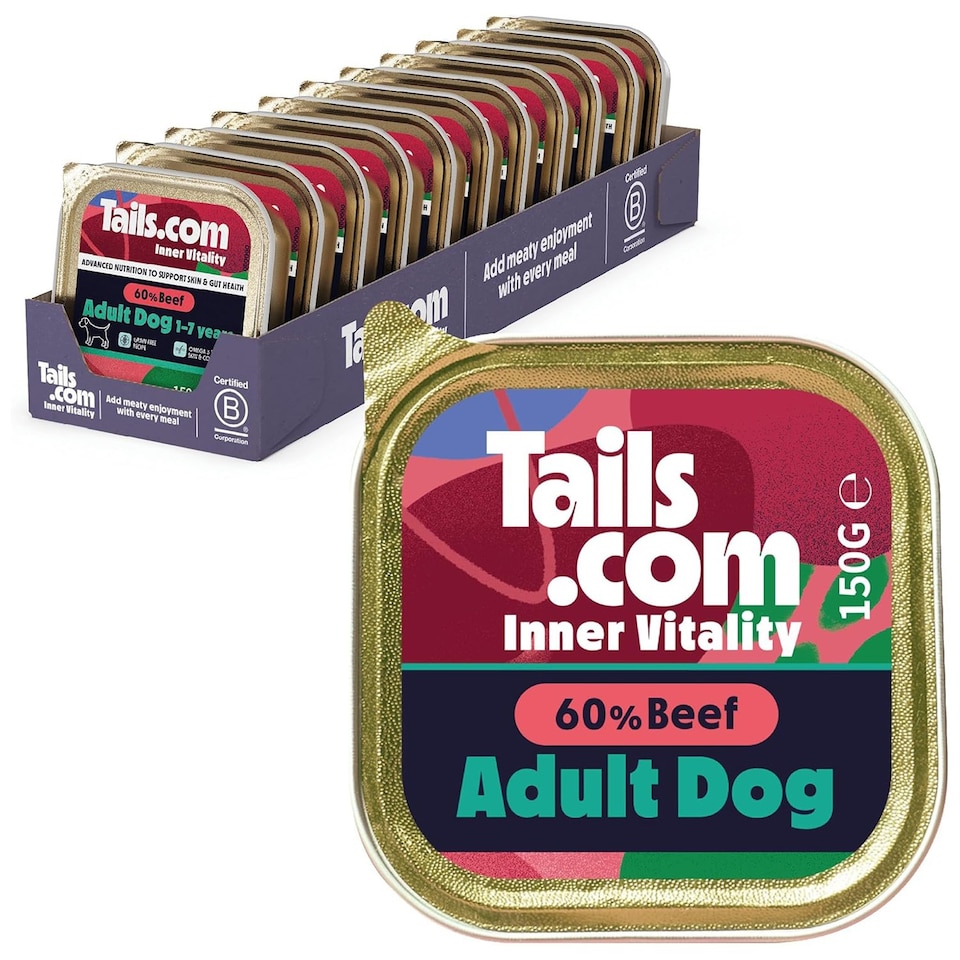 image 1 of 33 x 150g Tails.com Inner Vitality Grain-Free Adult Wet Dog Food Trays Beef