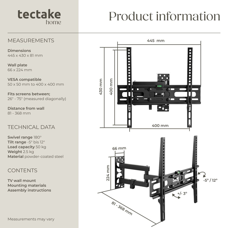 image 1 of Television Bracket - 26-75 inch screens, extendable, tilt, swivel TV wall mount