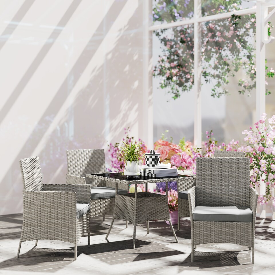 image 1 of Outsunny Rattan Outdoor Dining Table and Chairs for 4, Light Grey