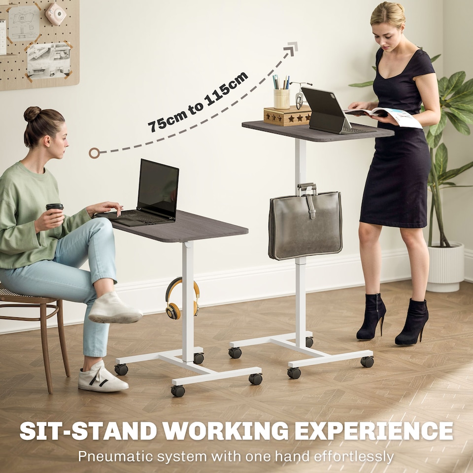 image 1 of HOMCOM Height Adjustable Standing Desk, Pneumatic Sit Stand Desk for Laptop, Mobile Overbed Table with Wheels and Headphone Hook for Home Office, Grey