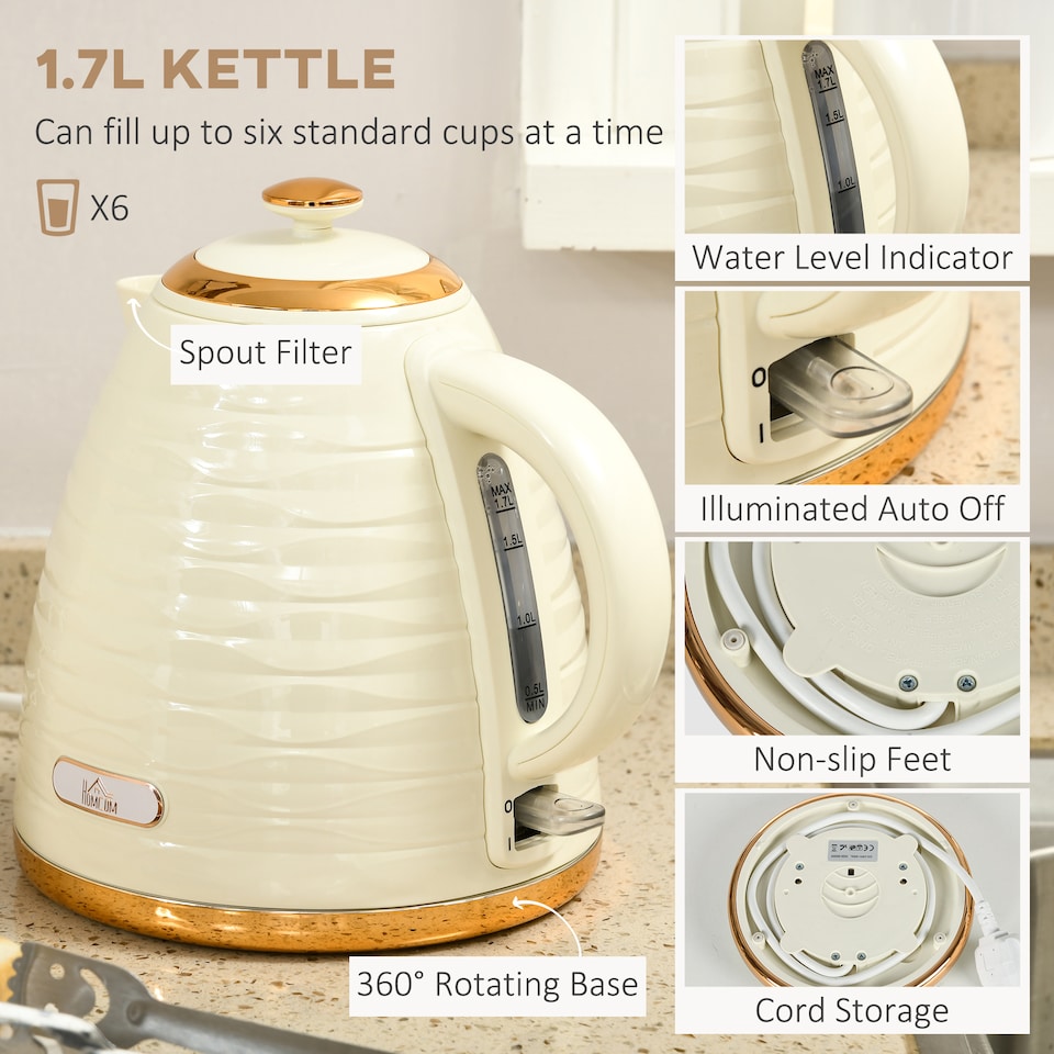 image 1 of HOMCOM Kettle and Toaster Sets, 3000W 1.7L Rapid Boil Kettle & 4 Slice Toaster with 7 Browning Controls, Defrost, Reheat and Crumb Tray, UK Otter thermostat, Beige