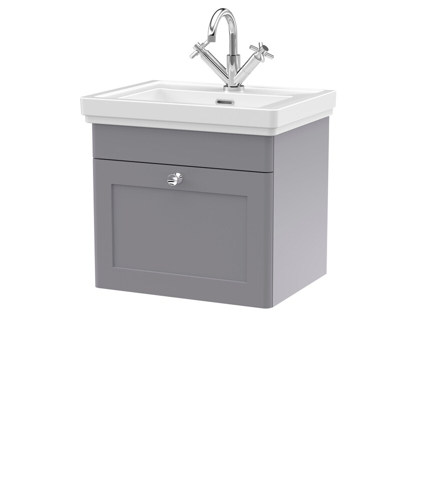 image 1 of Balterley Classic Traditional Bathroom Wall Hung 1-Drawer Vanity Unit & Fireclay Basin | Grey | Satin Grey