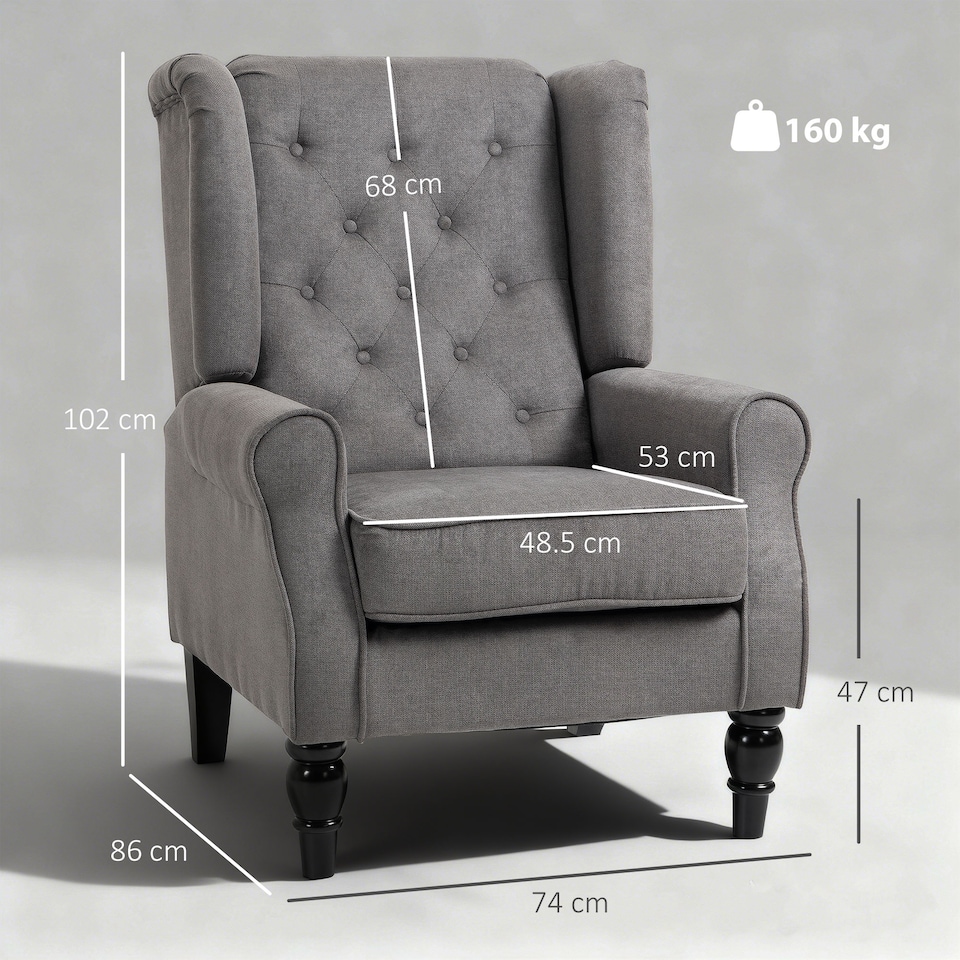 image 1 of HOMCOM Retro Accent Chair, Snow Flannel Wingback Armchair with Wood Frame Button Tufted Design for Living Room Bedroom, Dark Grey