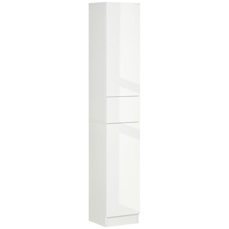 image 1 of kleankin Tall Bathroom Cabinet with Adjustable Shelves, High Gloss Storage Cupboard, Freestanding Tallboy with Storage Drawer, White