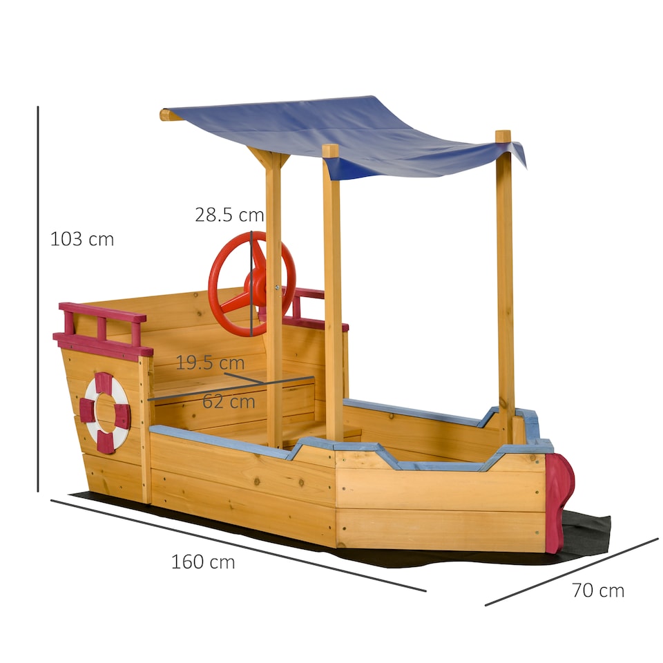 image 1 of Outsunny Kids Wooden Sand Pit Sandbox Pirate Sandboat Outdoor with Canopy Shade