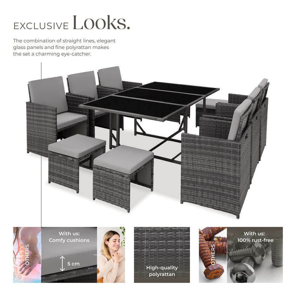 image 1 of Garden Table and Chairs Malaga - 10 seats with cushions, dining table, rain cover | Grey | grey | 53 x 53 x 87 cm | 1