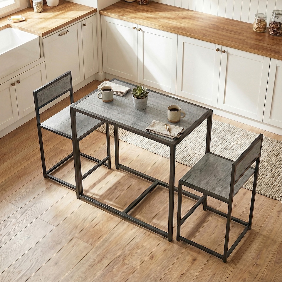 image 1 of HOMCOM 3 Piece Dining Table Set with Metal Frame | Grey | Charcoal grey wood-effect