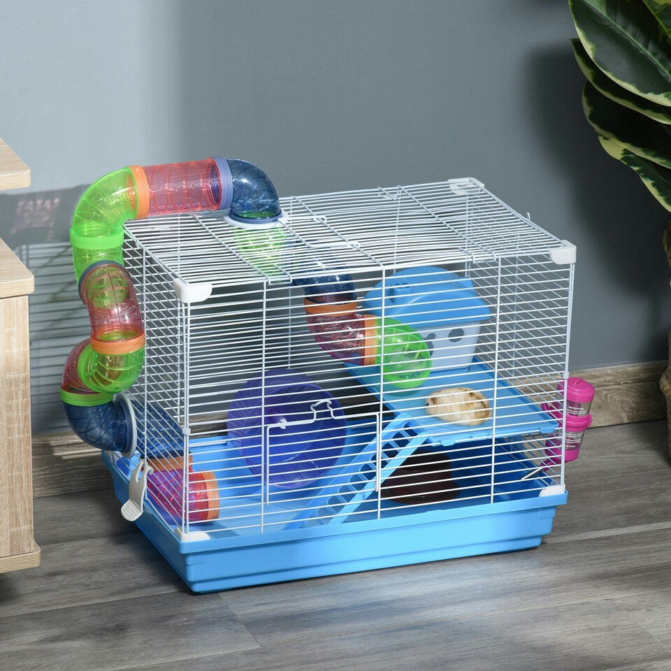 image 1 of Pawhut Hamster Cage Carrier Small Animal House w/ Exercise Wheels Tunnel Tube